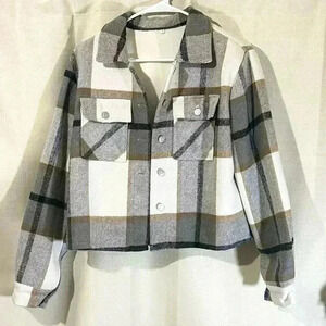 Women Fleece Cropped Jacket Fuzzy Flannel Plaid Sherpa